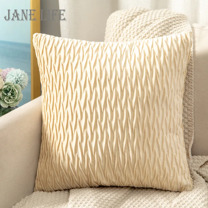 

Solid Color Velvet Pleated Cushion Modern and Simple Beige Wave Pattern Pillowcase Home Decoration Sofa Chair Backrest Pillows