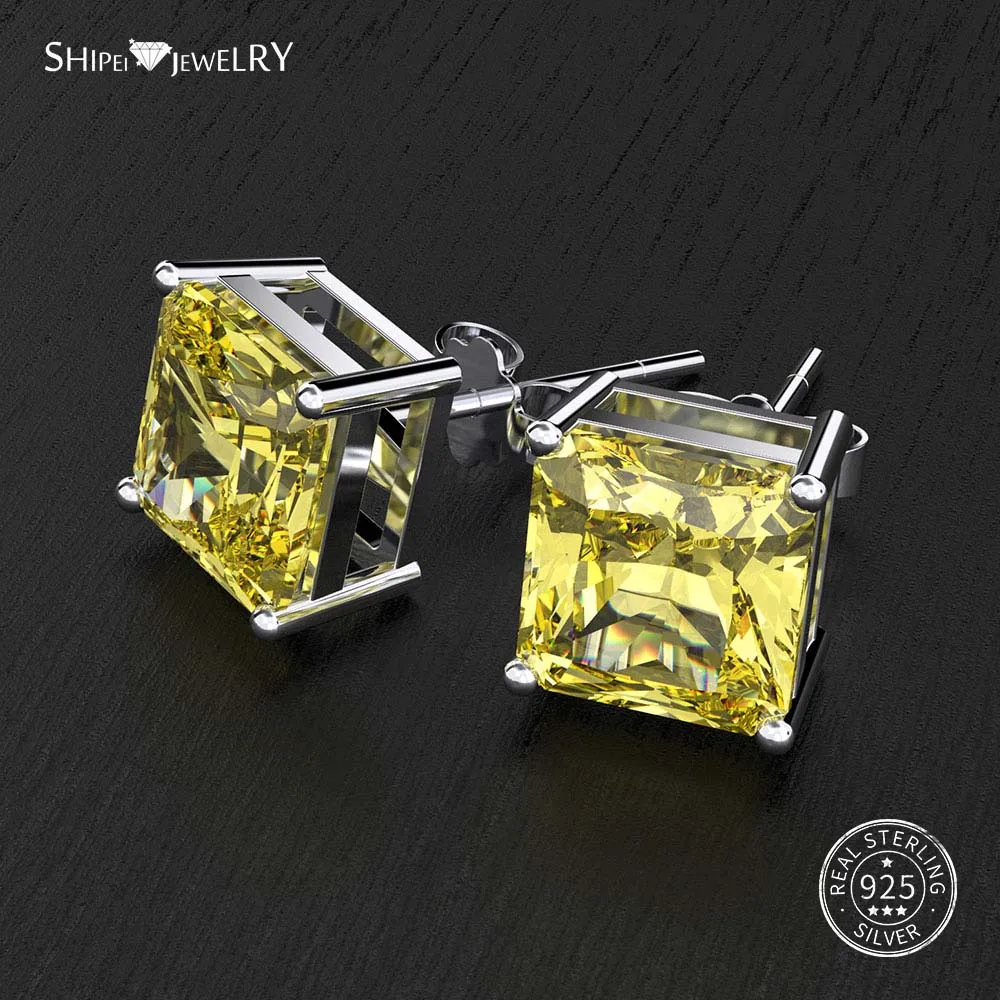 Yellow Sapphire ShiPei Стерлинговое Серебро пробы розовый белый желтый сапфир рубин изумруд Asscher серьги гвоздики для женщин подарок на день рождения хорошее ювелирное изделие - Цвет камня: Yellow Sapphire