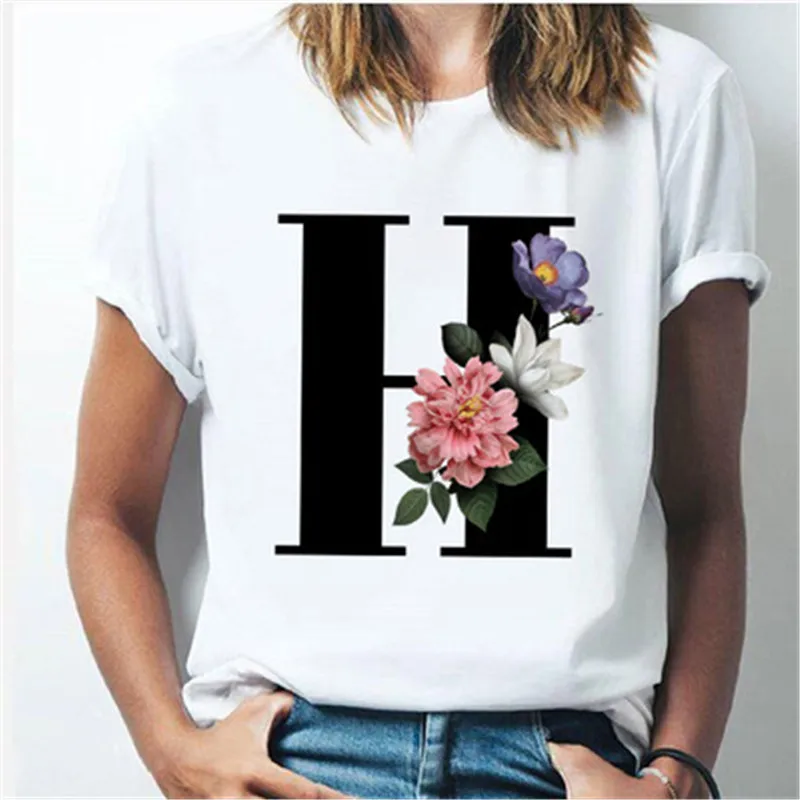 

26 alphabet letter women T-shirt Girl A To Z Alphabet combination flowers Short Sleeve casual Korean Style Tops Dropshipping