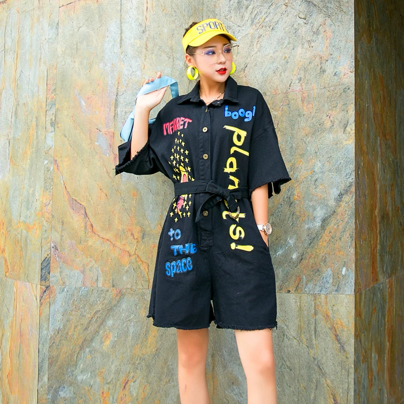 

European station trendy brand handsome tooling jumpsuit female Harajuku style letter print waist denim shorts