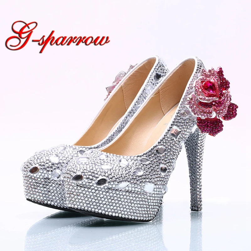 

2020 New Design Handmade Luxurious Wedding Party Shoes Silver Crystal with Red Rose Cindrella Prom Pumps Plus Size Bride Shoes