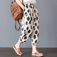 plus size casual cotton linen womens pants fashion vintage polka dot pantalon female elastic waist printed turnip harem pants