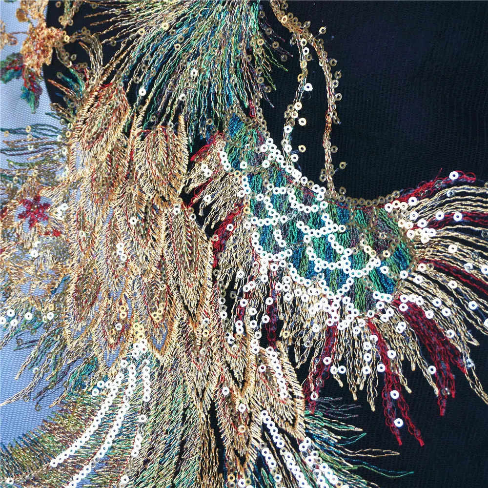 Вышитая блестками Павлин Феникс черная сетчатая кружевная ткань платье