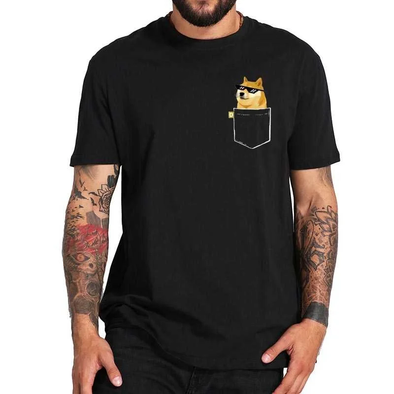

Flower Dogecoin Faux Pocket T-shirts Doge Individuality Funny Short Sleeve Soft Summer 100% Cotton High Quality Top