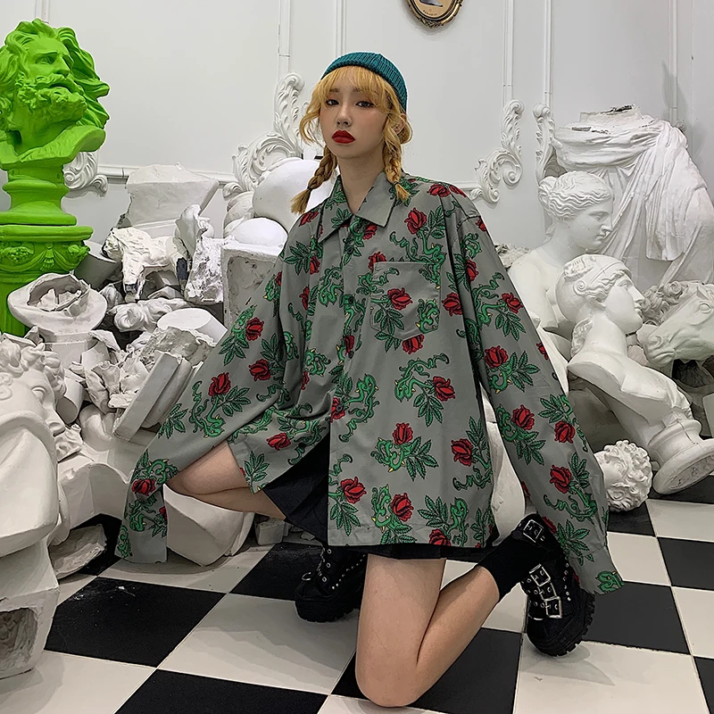 Женские летние рубашки Kawaii Ulzzang милая Ретро рубашка с длинным рукавом и принтом