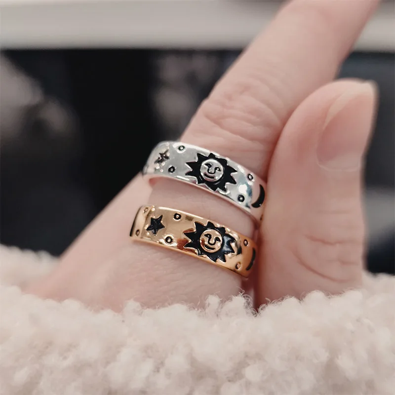 

Adjustable Moon Star Sun Ring Gothic Stainlesss Steel Gold Silver Open Sun Face Rings For Women Relieving Anxiety Finger Jewelry