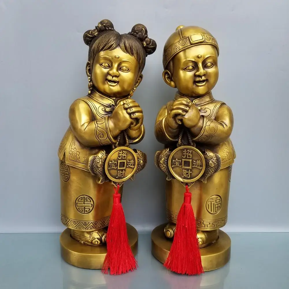 

16" Chinese Seikos Brass Statue of golden boy and jade girl Innocent boys and girls Lang Cai Nv appearance Perfect match