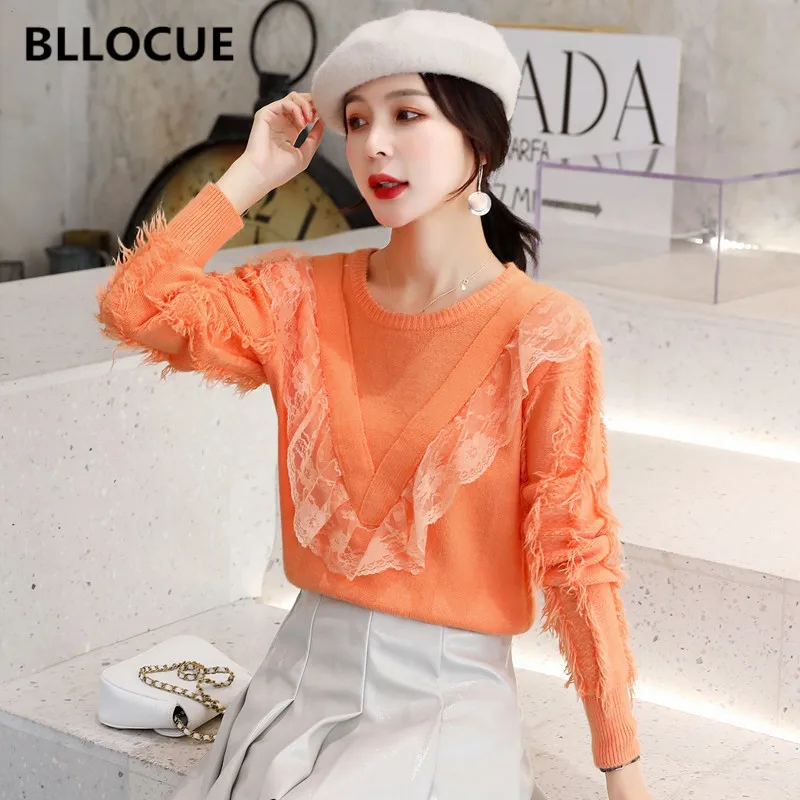 BLLOCUE 2019 New Autumn Winter High Quality Sweater Pullover Women Elegant Loose Wool Knitted Long Sleeve Ruffles Tassels Knitwear | Женская