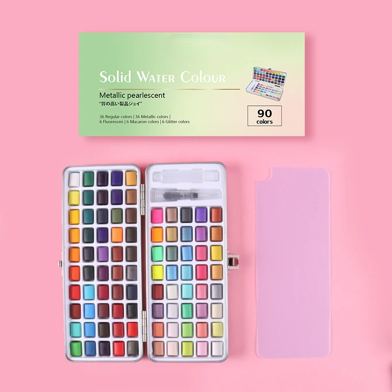 Caja de hojalata de nuevo estilo, conjunto de pintura de acuarela de Color s&oacute;lido perlado, 100 colores-3
