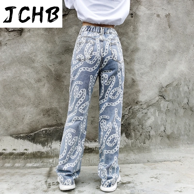 

JCHB Autumn and winter high waist hollow out chain printed full length denim pants female jeans vintage street WO11205L
