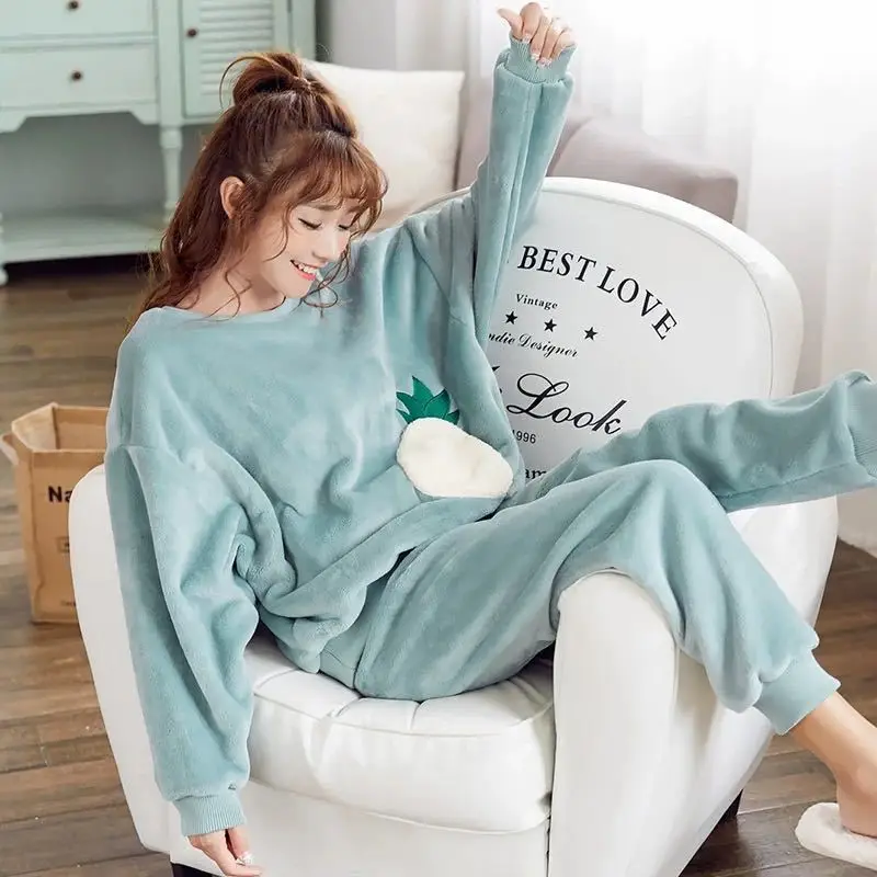

Pajamas for Women Winter Flannel Long-sleeved Sleepwear Coral Fleece 2-piece Home Service Cartoon Nightgown Plus Size Lingere