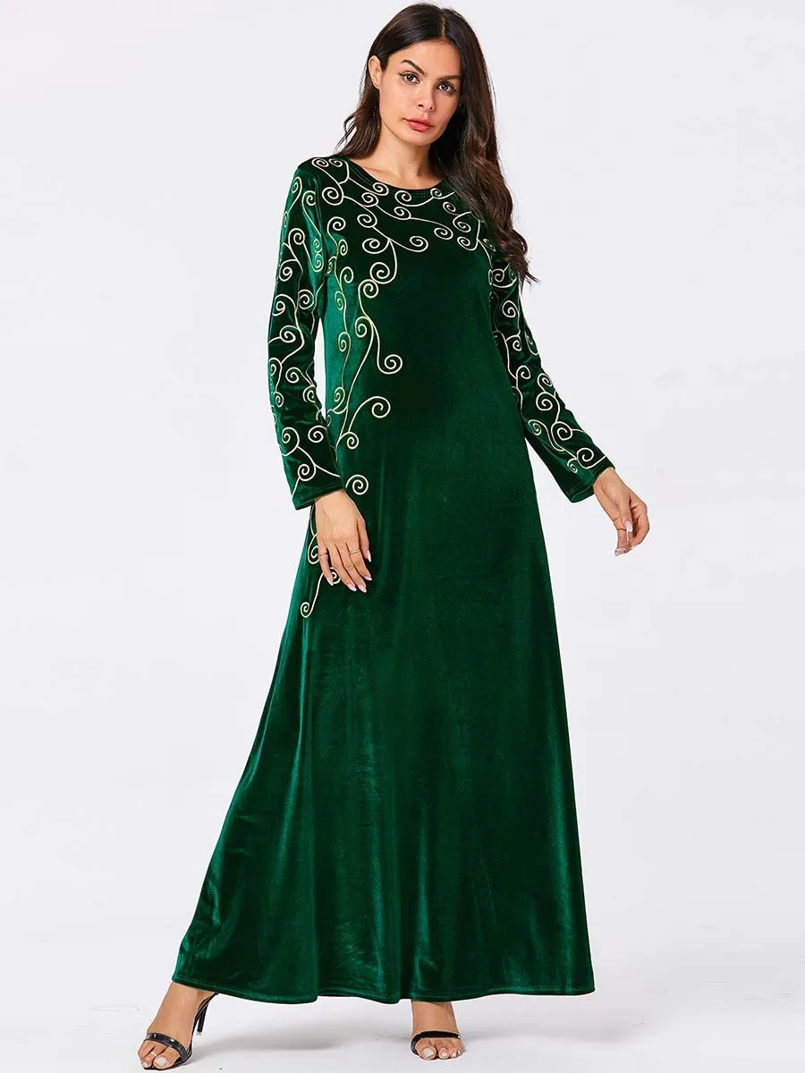 

Comfortable Will Code Suit-dress Green Plants Embroidered Arab Leisure Time Pleuche Longuette dress dresses