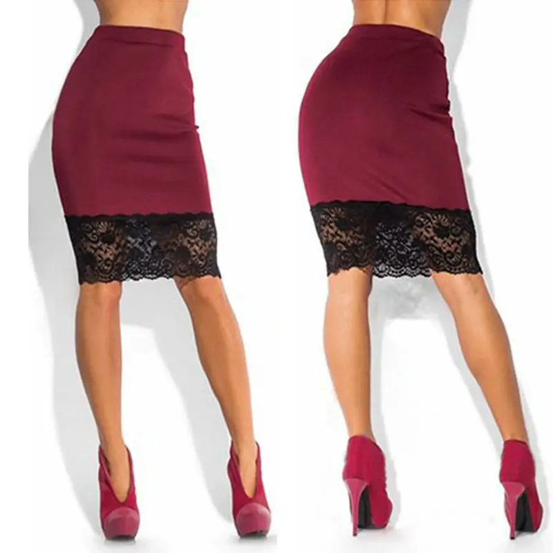 

Hirigin Women Formal Stretch Skirts High Waist Lace Patchwork Stain Mini Pencil Skirts Bandage Office Lady Elegant Skirts