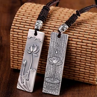 999 silver summer coming blooming lotus pendants rope necklaces for women elegant ethnic rectangle square medal jewelry gifts