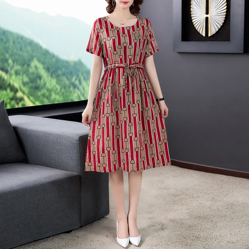 

Chiffon Loose Plus Size Women's Dress New Casual Fashion Dresses Printing Short Sleeve O-neck Belt Mid-length Summer Houthion