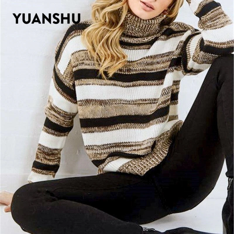 YUANSHU Casual Stripe Women Sweater 2019 Autumn Winter Turtle Sweaters Female Warm Knitted Pullover Jumper Fashion Knitwear | Женская
