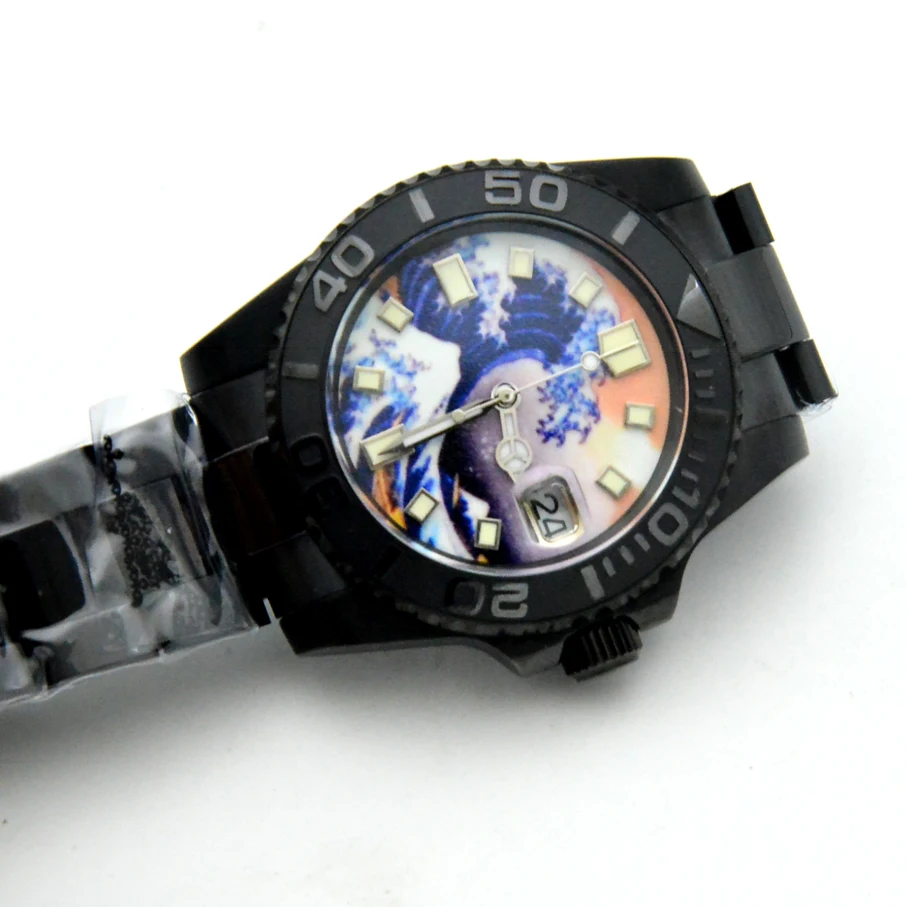 Kanagawa Surf Super Men's Automatic Mechanical Watch Ceramic Bezel Black Coated Stainless Steel Case