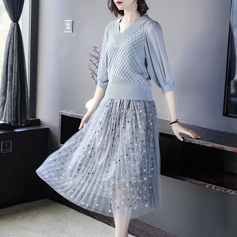 Новые осенние элегантные женские комплекты одежды шикарный вязаный свитер с