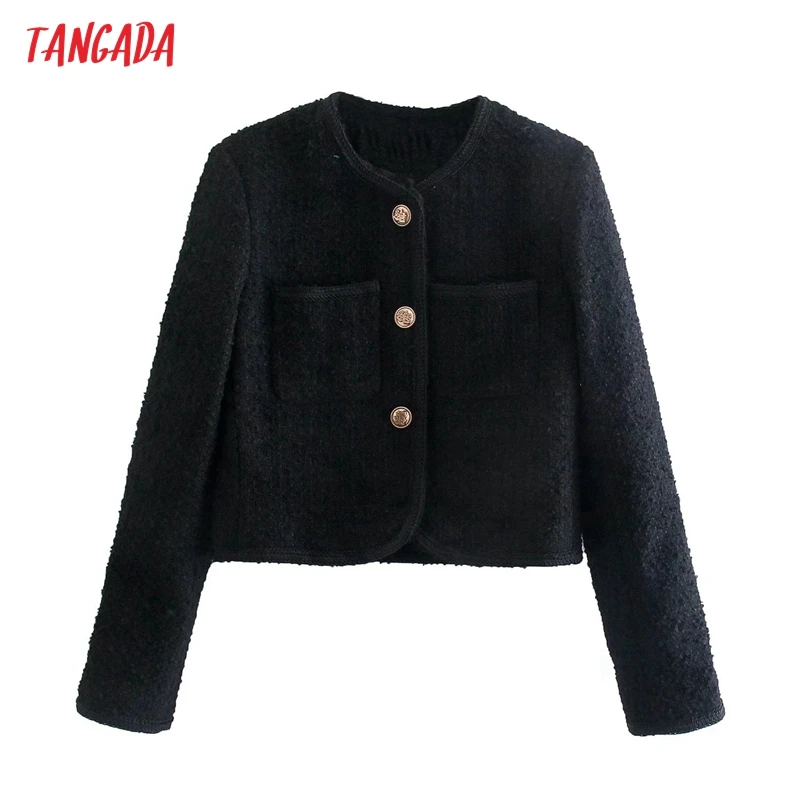 

Tangada OL Women Black Tweed Crop Blazer Coat Vintage Notched Collar Pocket Female Casual Chic Tops 6P96