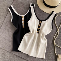 summer womens patched o neck tank tops female bodycon knitted buttons simple stretchy camisole sleeveless tee shirts women