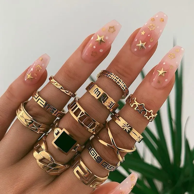 

New 13 Pcs Set Women's Ring 2021 Trend Alloy Geometric Element Letter Drip Finger Rings for Men