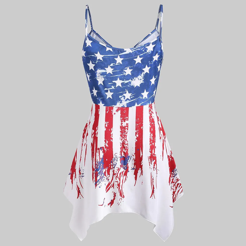 

Independence Day Women Plus Size Sleeveless Patchwork Dress Stripes Star American Flag Print V-neck Asymmetrical Dress