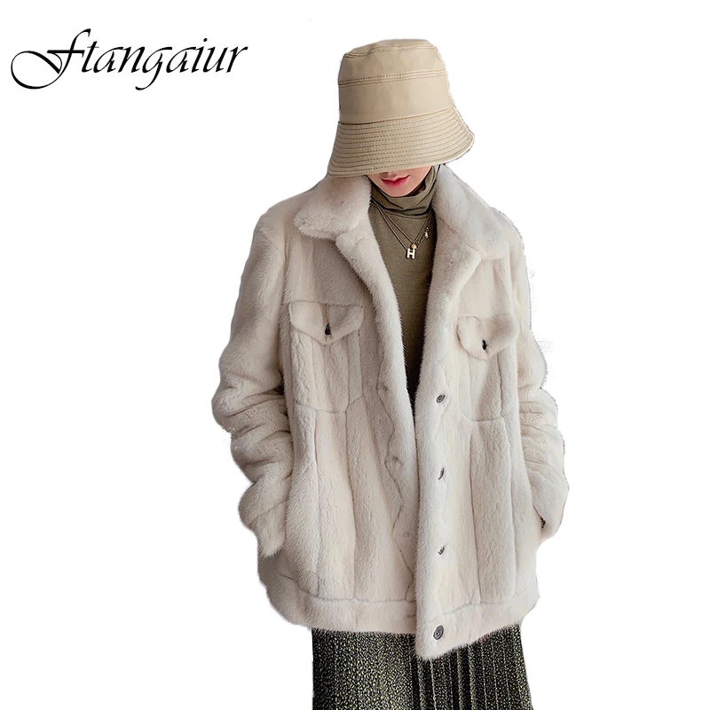 

Ftangaiur New Winter Import Velvet Mink Fur Coat Turn-Down Collar Pure Color Mink Coat Women Medium Loss Real Mink Fur Coats