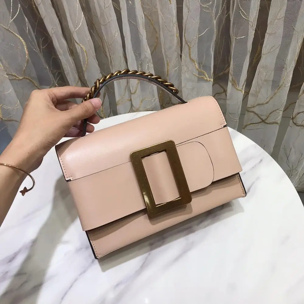 Сумка с квадратной пряжкой, роскошная женская сумка, сумка на плечо, женская сумка из натуральной кожи, повседневная сумка с клапаном, брендовая сумка через плечо в западном стиле - Цвет: Light Pink