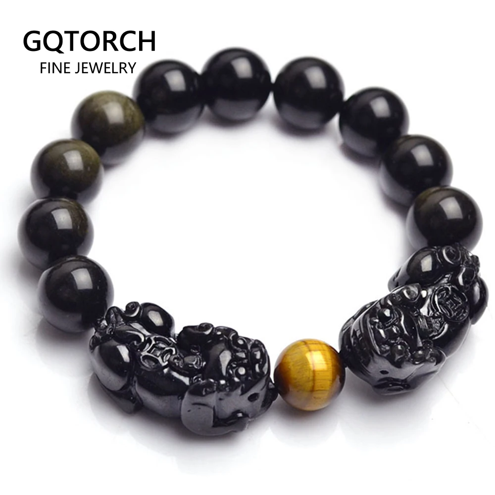 Браслеты из натуральных ОБСИДИАНОВЫХ бусин браслет золотого цвета с Pixiu Lucky Brave