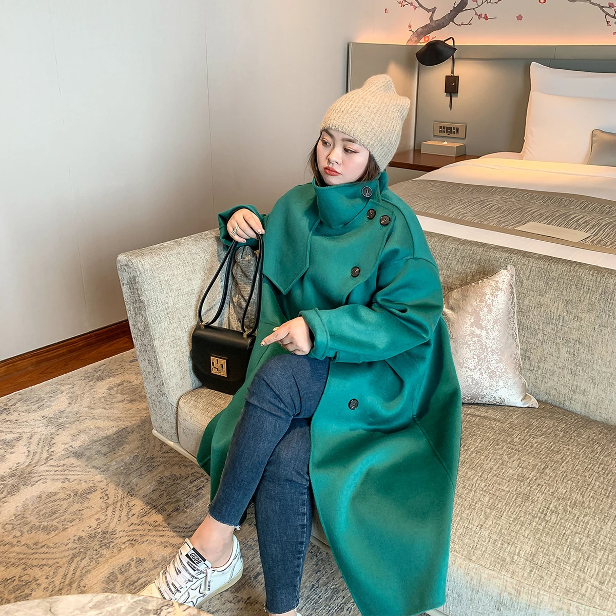 

Jinggu family high-collared double-faced wool coat thick woman popular mid-long Autumn and winter thin tweed coat