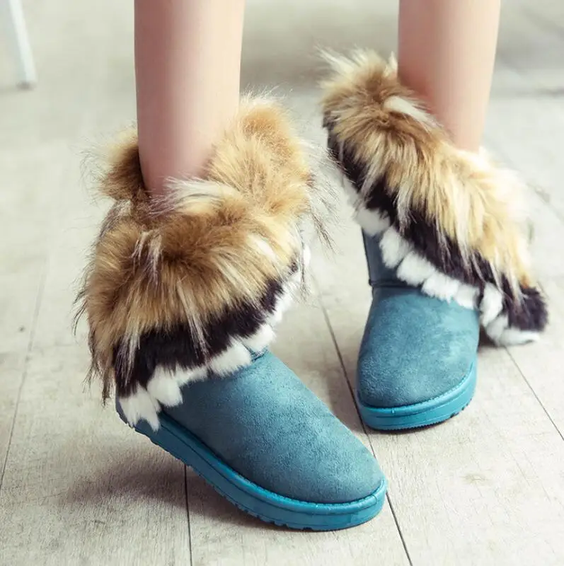 

New designer warm casual women snow boots in the imitation fox fur flat cotton shoes tassel boots sneakers ankle boots for women