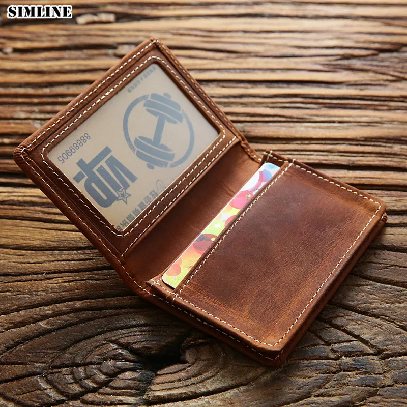 100% Genuine Leather Credit Card Holder For Men Male Vintage Crazy Horse Handmade Short Business ID Case Small Slim Wallet Purse