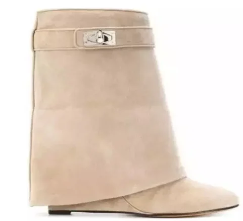 beige suede BuonoScarpe/женские ботинки на танкетке ботинки до середины икры из натуральной кожи с застежкой в виде акулы обувь для увеличения роста Mujer - Цвет: beige suede