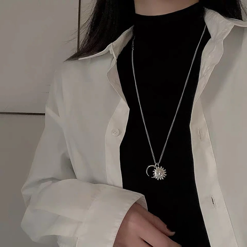 

POTCET Unisex Stainless Steel Sun Moon Titanium Steel Necklace Pendant Clavicle Chain Geometric Fashion Hip Hop Party Jewelry