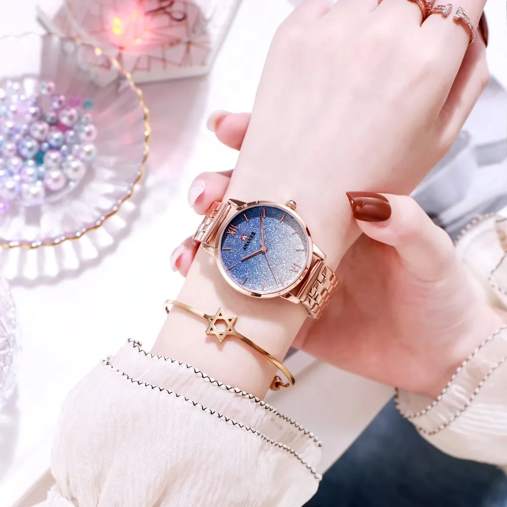 

ANANKE Newest Women Quartz Watch Bracelet Clasp Sequines Starry Sky Gradient Dial Steel Strap Ladies Luxury Wristwatch AN30
