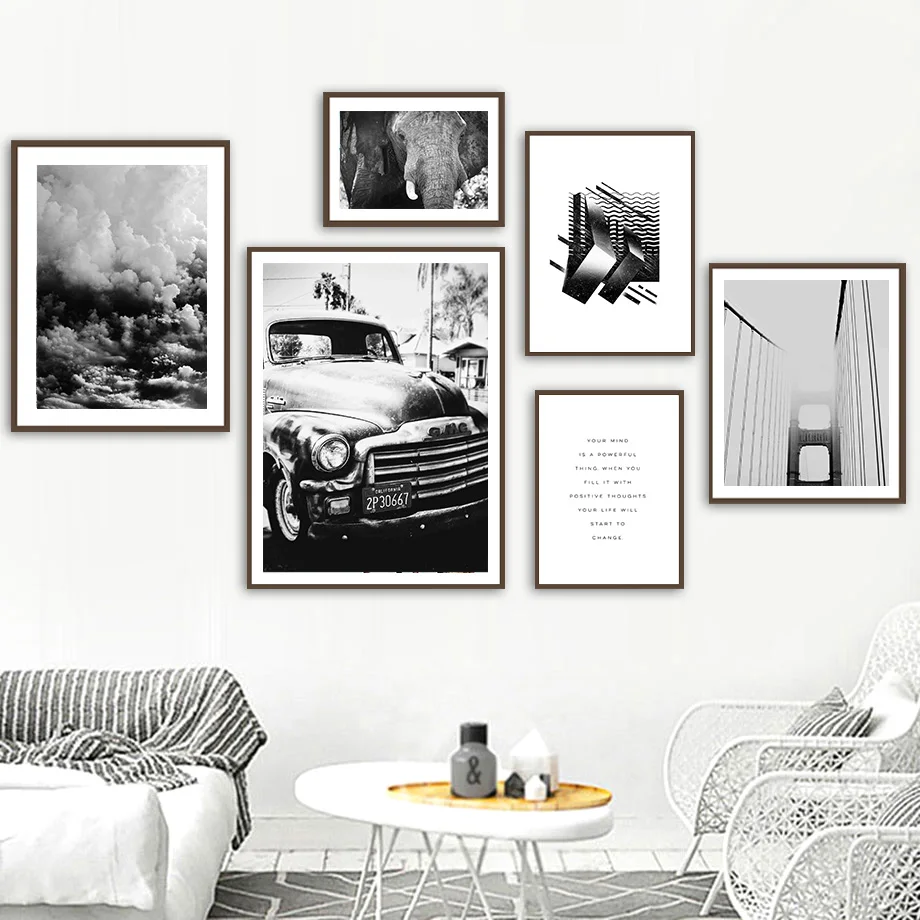

Black White Elephant Bridge Sea Wave Car Wall Art Canvas Painting Nordic Posters And Prints Wall Pictures For Living Room Decor