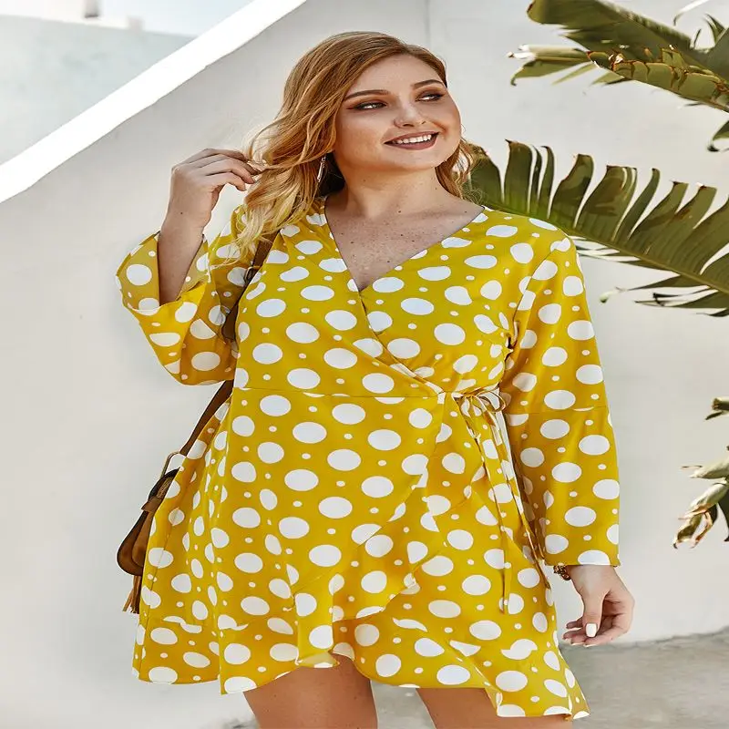 

2021 Plus Size Summer Women Dress Sexy Mini Polka Dot Long Sleeve Elegant New Fashion Lady Petticoat