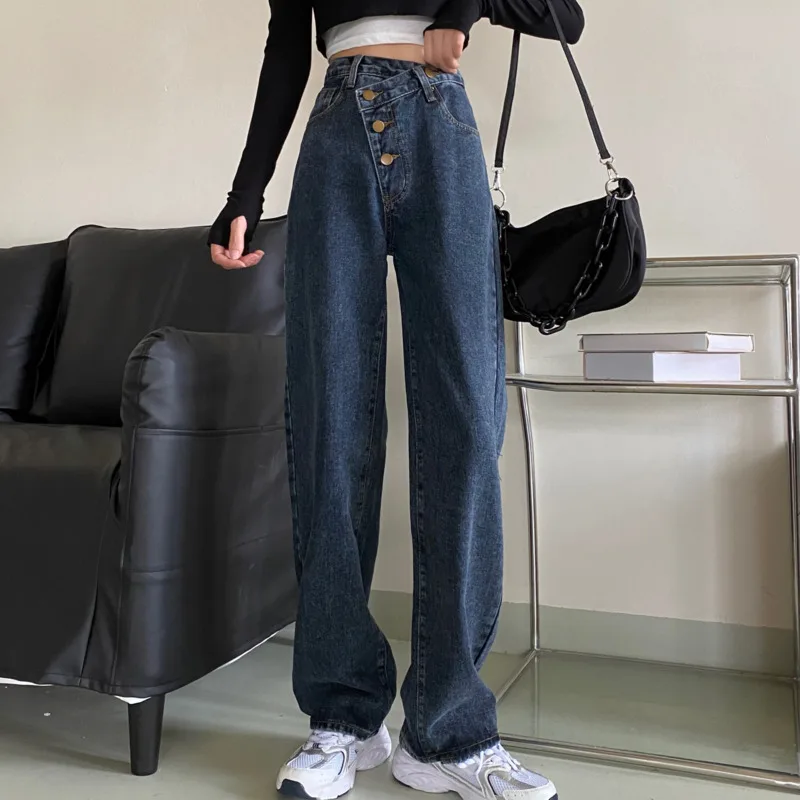 

#7816 Ретро широкие брюки женские брюки и джинсы осенние джинсы с высокой талией, повседневные свободные тонкие показывают высокую полной дли...