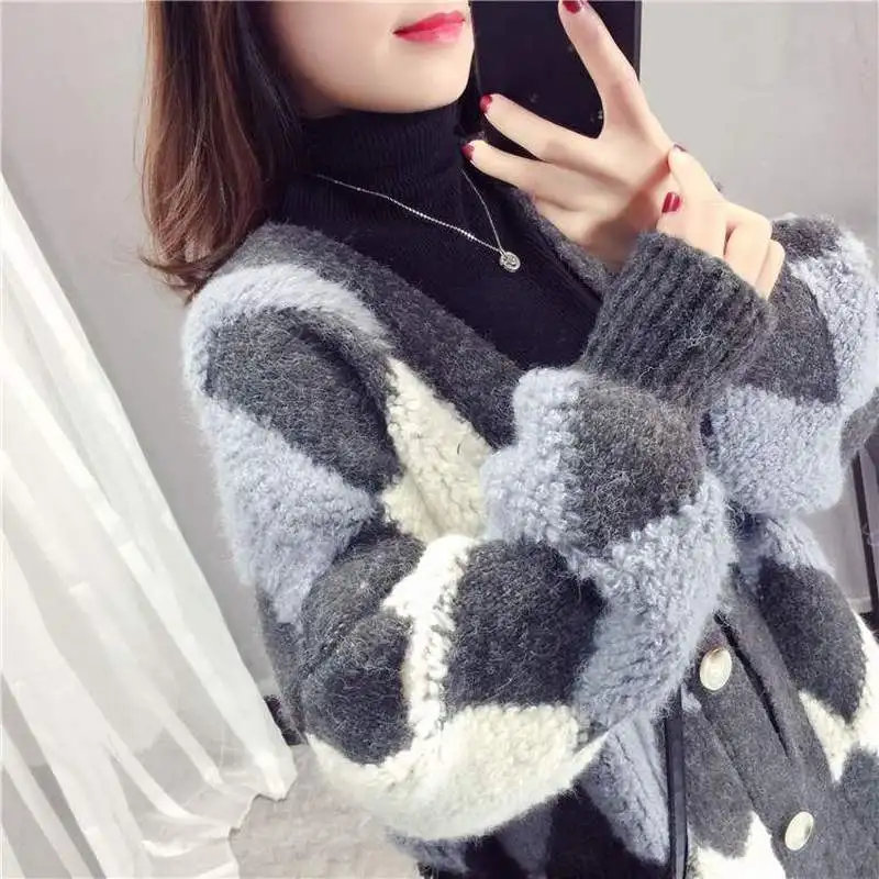 

Sweater Cardigan Women Autumn Winter Korean Thick Knit Cardigans Argyle Sweaters Oversized 2020 Hit Color Knitwear Outwear Coat