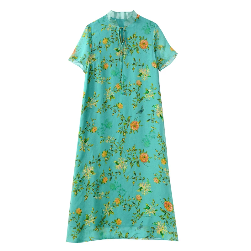 

COIGARSAM Long Dress Women Winter Summer 2021 New French Style Vintage Silk Floral Print Dresses Traf Robe Vestidos