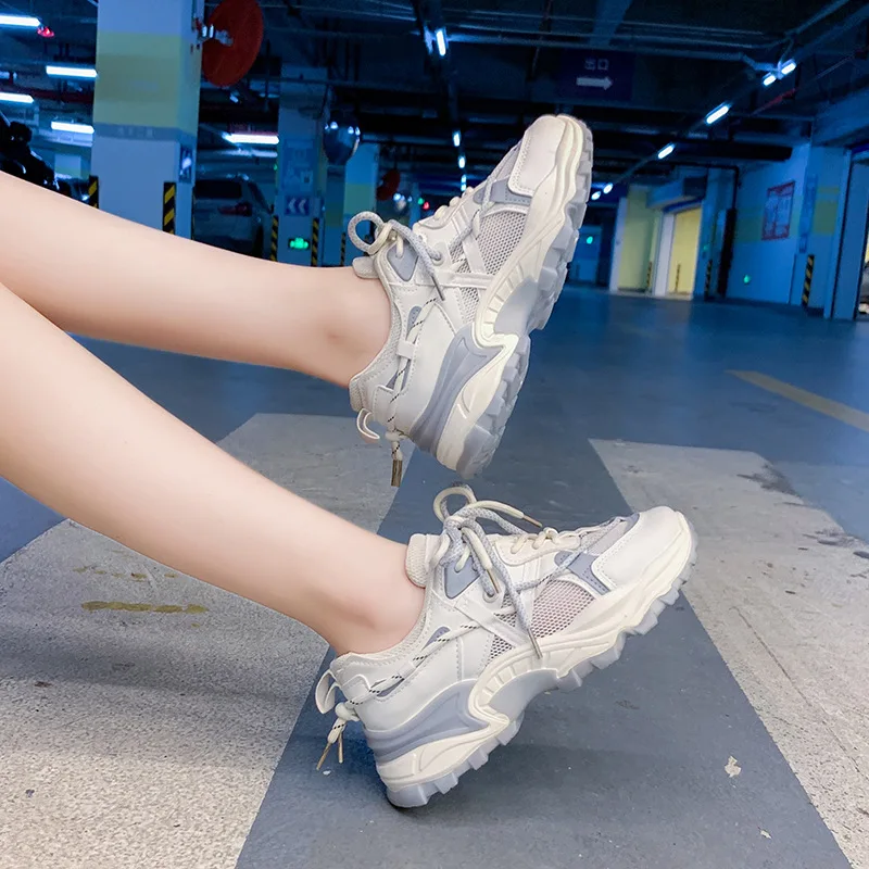 Women's Breathable Sneakers 2021 Summer New Trend Color Matching Mesh Lace-Up Ladies Outdoor Low-Top Platform Casual Shoes