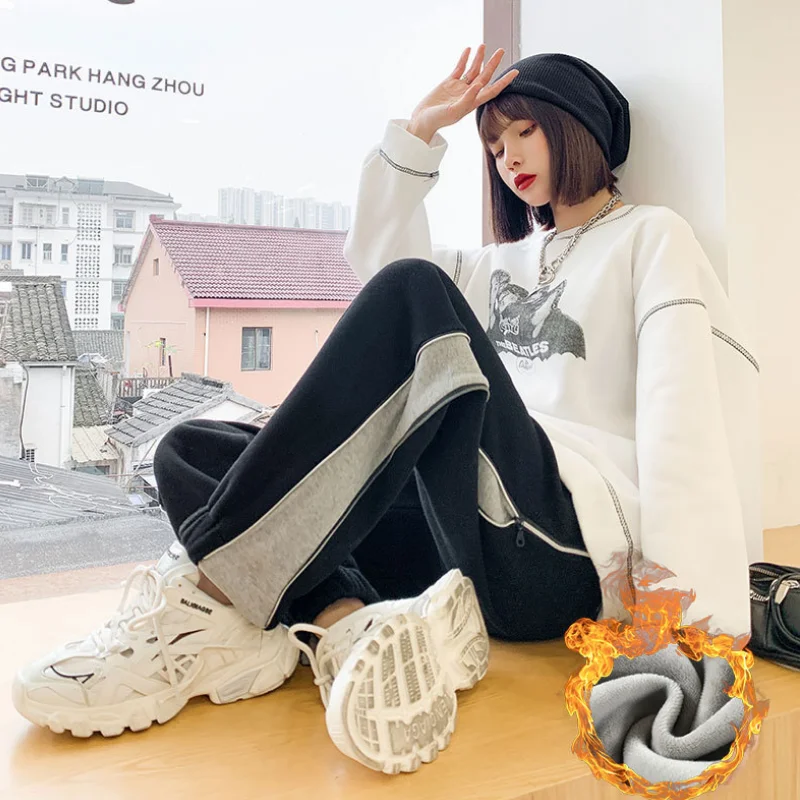 

Gray plus velvet sweatpants women loose-fitting feet autumn and winter thin and thick personality zipper casual pants