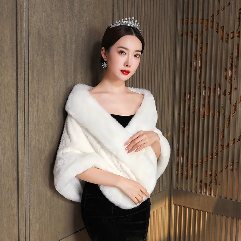 

Большие свадебные накидки из искусственного меха, женская теплая шаль, верхняя одежда белого, черного, синего цвета, Женская куртка для выпускного вечера