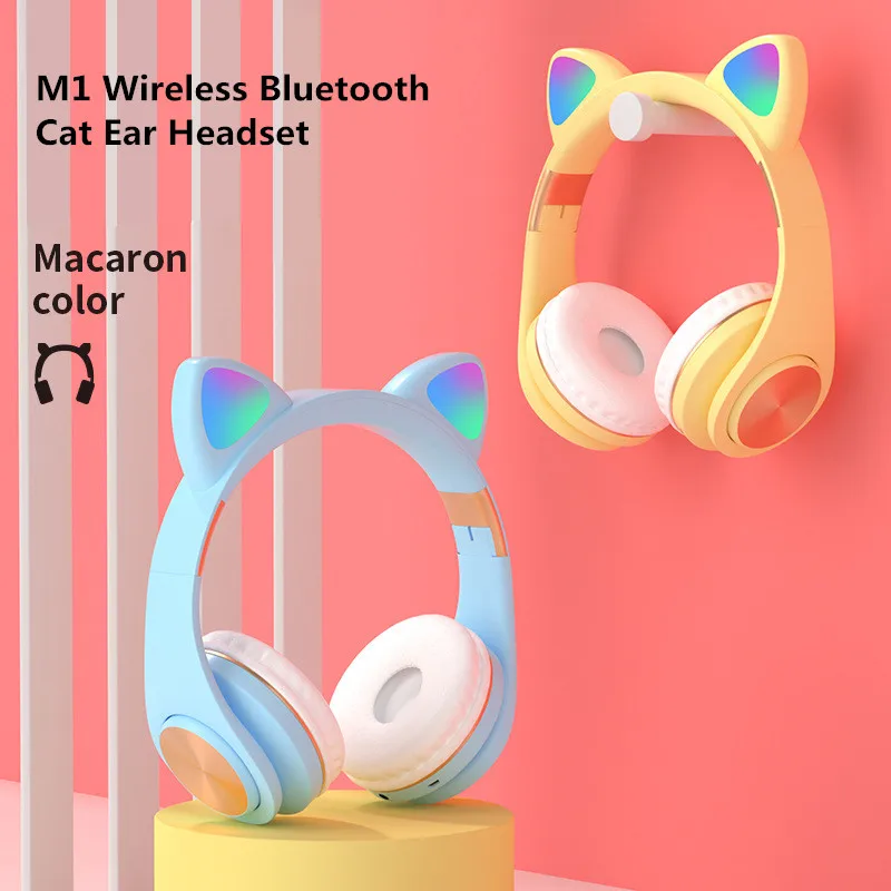 

Новые цветные беспроводные Bluetooth наушники M1 Macaron, кошачьи уши с микрофоном, люминесцентные стереонаушники для музыки и игр, подарок для дево...