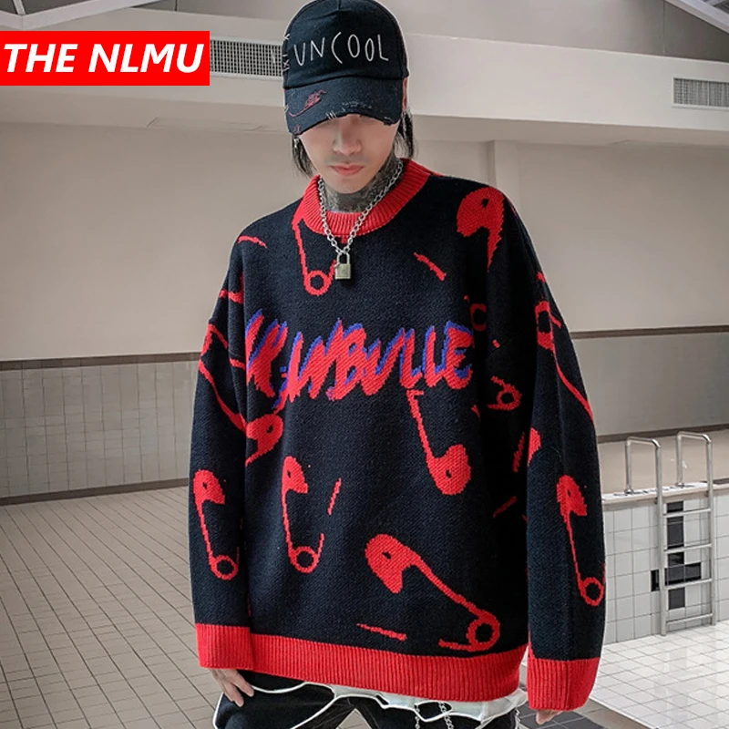 Мужской винтажный вязаный свитер Harajuku Свободный пуловер в стиле хип хоп уличная