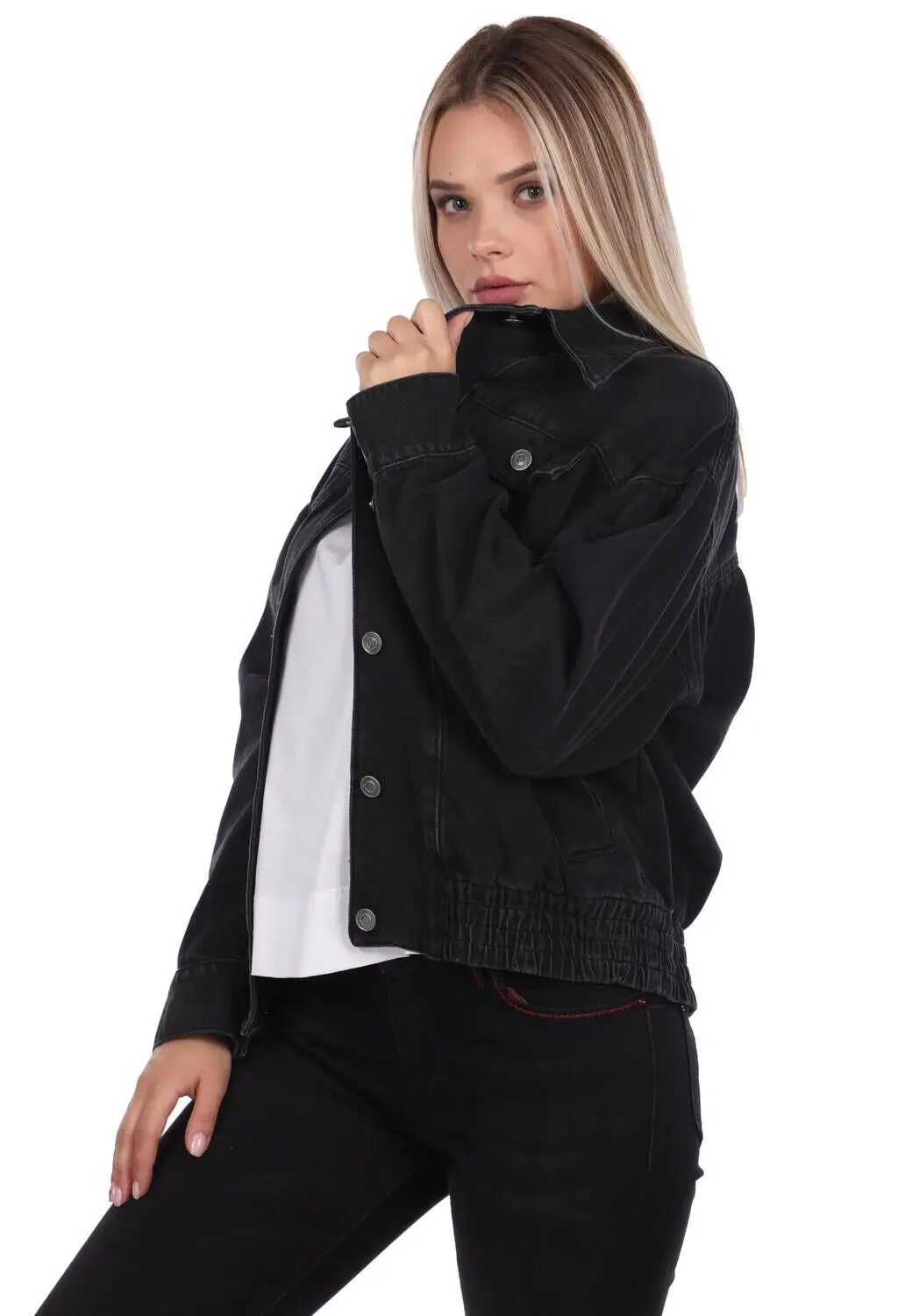 

Blue White Oversize Elastic Waist Black Jean Jacket