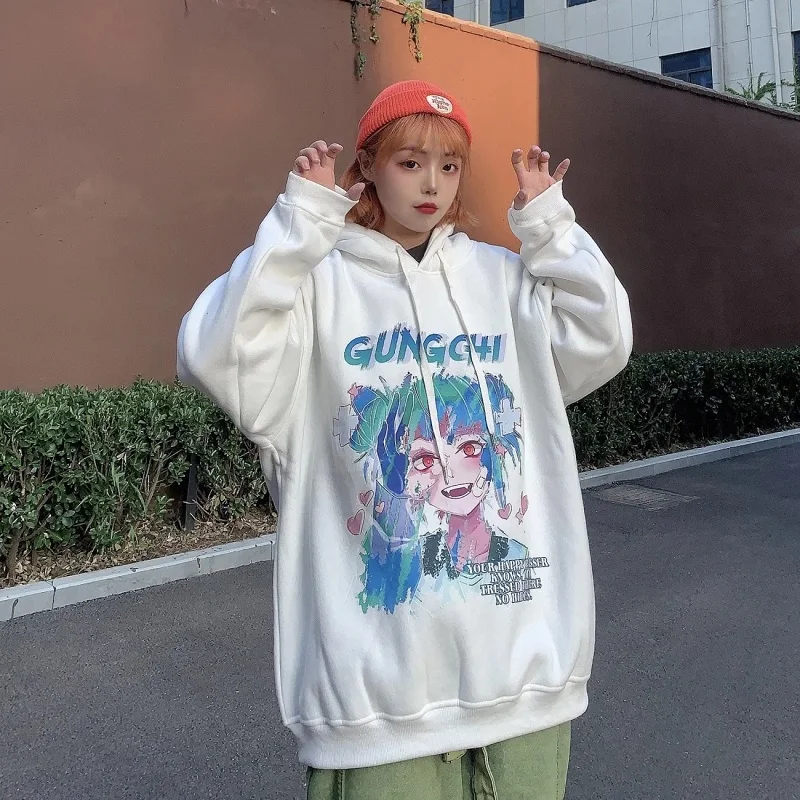 

Sweater women's Second element printing cartoon girl hooded Hoodies loose top long-sleeved jacket Harajuku Sweatshirts Oversized