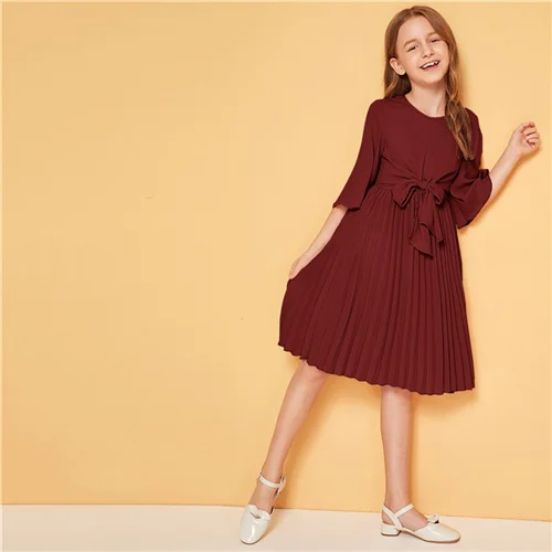 Burgundy SHEIN/детское однотонное плиссированное платье с завязками спереди для девочек; милое детское платье; коллекция года; Летние Детские платья трапециевидной формы с рукавами-воланами до колена - Цвет: Burgundy