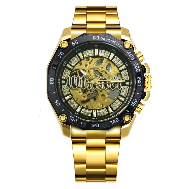GOLDEN BLACK Победитель официальный хип-хоп золотые автоматические часы для мужчин алмаз Iced Out Скелет механические часы брендовые Роскошные Панк наручные часы - Цвет: GOLDEN BLACK