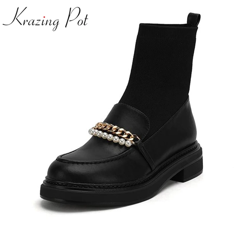 

krazing pot genuine leather round toe keep warm western boots pearl pendant med heels winter platform knitting ankle boots l76
